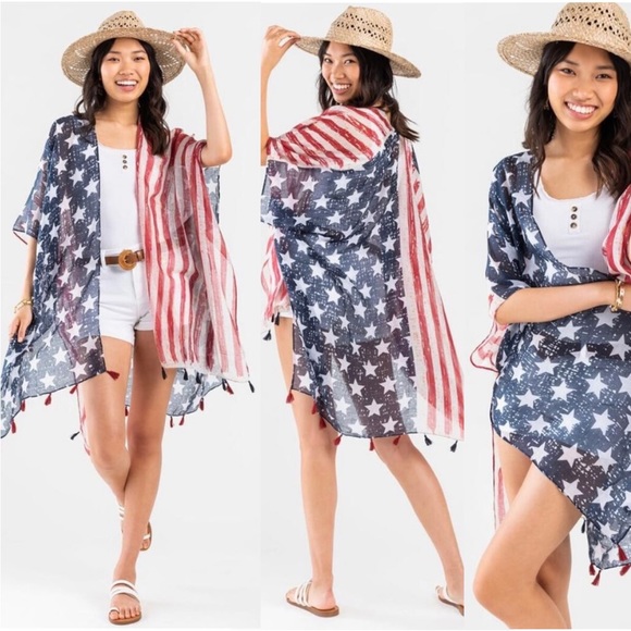 New America Print Boho Tassel Trim Contrast Red Blue Stripe Kimono Swim Cover Up - Picture 5 of 16